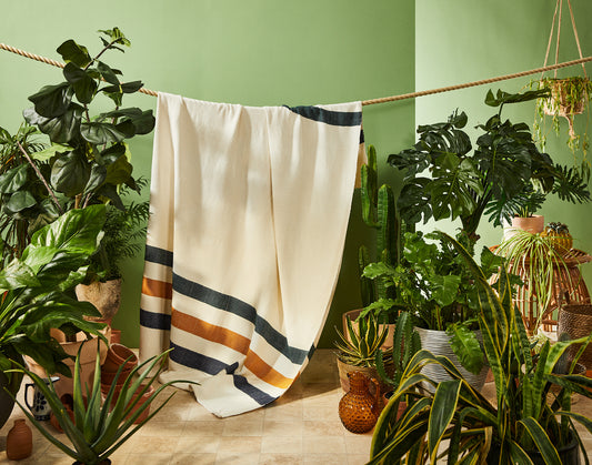 Striped pattern blanket (blue, green, yellow & natural cotton)